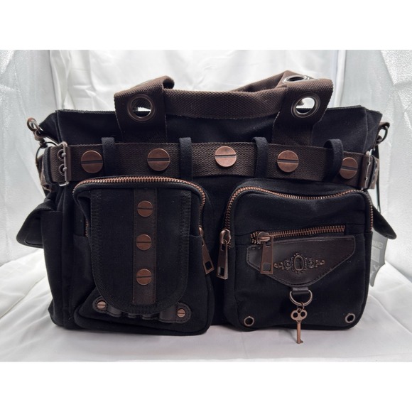 Banned Alternative DOOM LAGOON HANDBAG Steampunk Key Canvas Black Copper NWT - Picture 4 of 16